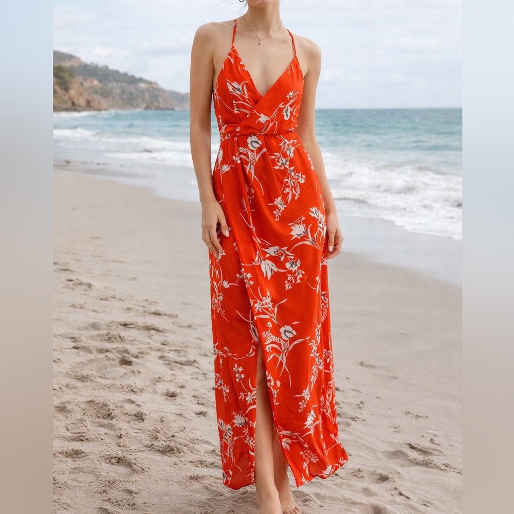 DRESS FORUM Red/ Orange Floral Wrap Maxi Dress Adjustable Spaghetti Straps Small